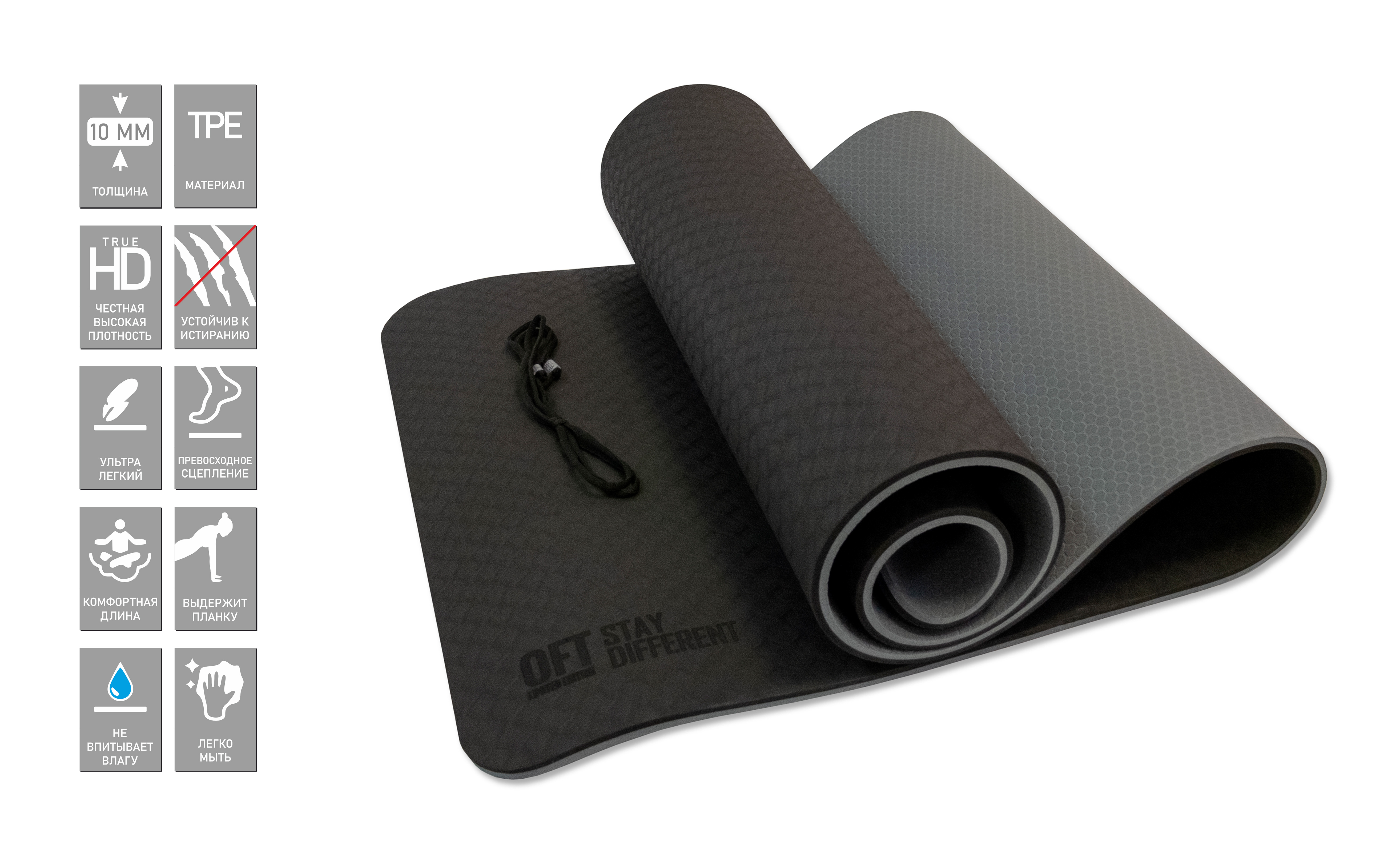 Коврик для йоги 10 мм двухслойный TPE черно-серый. Фото N2